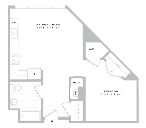 Floor plan for 1 bed, 1 bath, 665 sqft